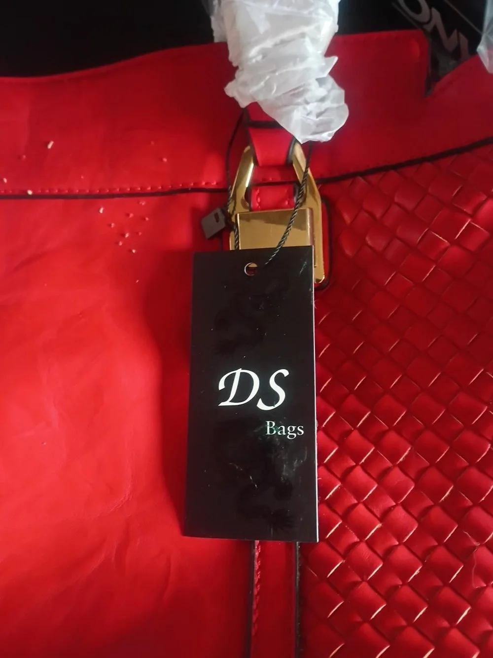 Red Woven-Panel Tote with Gold Hardware